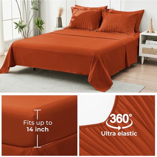 Image of HYMOKEGE Burnt Orange Oversized Queen Comforter Set Seersucker 7 Pieces, All Season Luxury Bed in a Bag for Bedroom, Bedding Set with Comforter, Sheets, Pillowcases & Shams