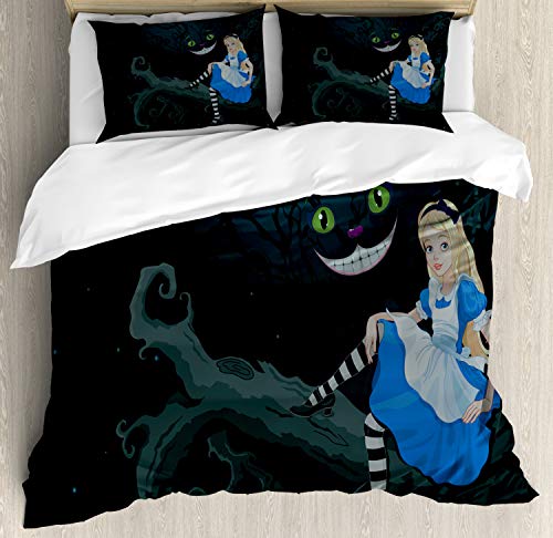 Ambesonne Alice in Wonderland Duvet Cover Set Queen Size, Alice Sitting on Branch and Chescire Cat in Darkness Cartoon Style, Decorative 3 Piece Bedding Set with 2 Pillow Shams, Blue Black