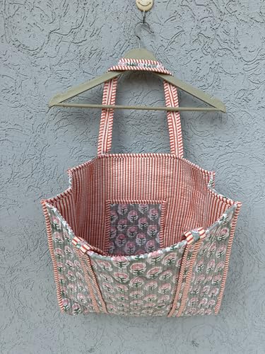 Image of Quilted Cotton Hand printed Reversible Large multicolor cotton Tote Bag,Indian Handmade Block Printed Tote Bag Women Handbag