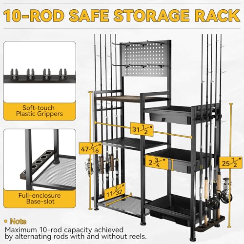 Image of SOYEEZE Fishing Rod Holders for Garage, 3 Storage Boxes for Reels & Fishing Accessories, 10 Rod Capacity Fishing Pole Holder with Pegboard, and 3-Tier Shelf for Tackle Box, Fishing Gear Organizer