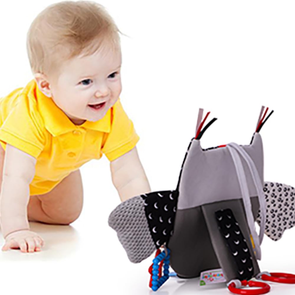 Giocattolo da Appendere per attività per Bambini con Specchio per Auto in-Sight, Regolabile per seggiolini Auto, passeggini, culle e Tempo sulla Pancia, con sonagli (Owl)