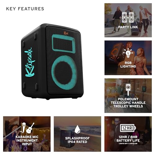 Image of Klipsch Vegas Music City Party Speaker - Single 5.25 inch Woofer, Five Light Show Settings, 12 Hour Battery Life, IPX4 Rated, Pole mountable and mic Included! | Single 5.25 inch Woofer, Five Light Show Settings, 12 Hour Battery Life, IPX4 Rated, Pole Mountable and Mic Included