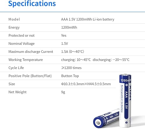 Miniatura 6 de XTAR Paquete de 4 baterías recargables AAA de litio, 1200 mWh de salida constante de 1.5 V, batería AAA de iones de litio, 1200 ciclos para cepillos