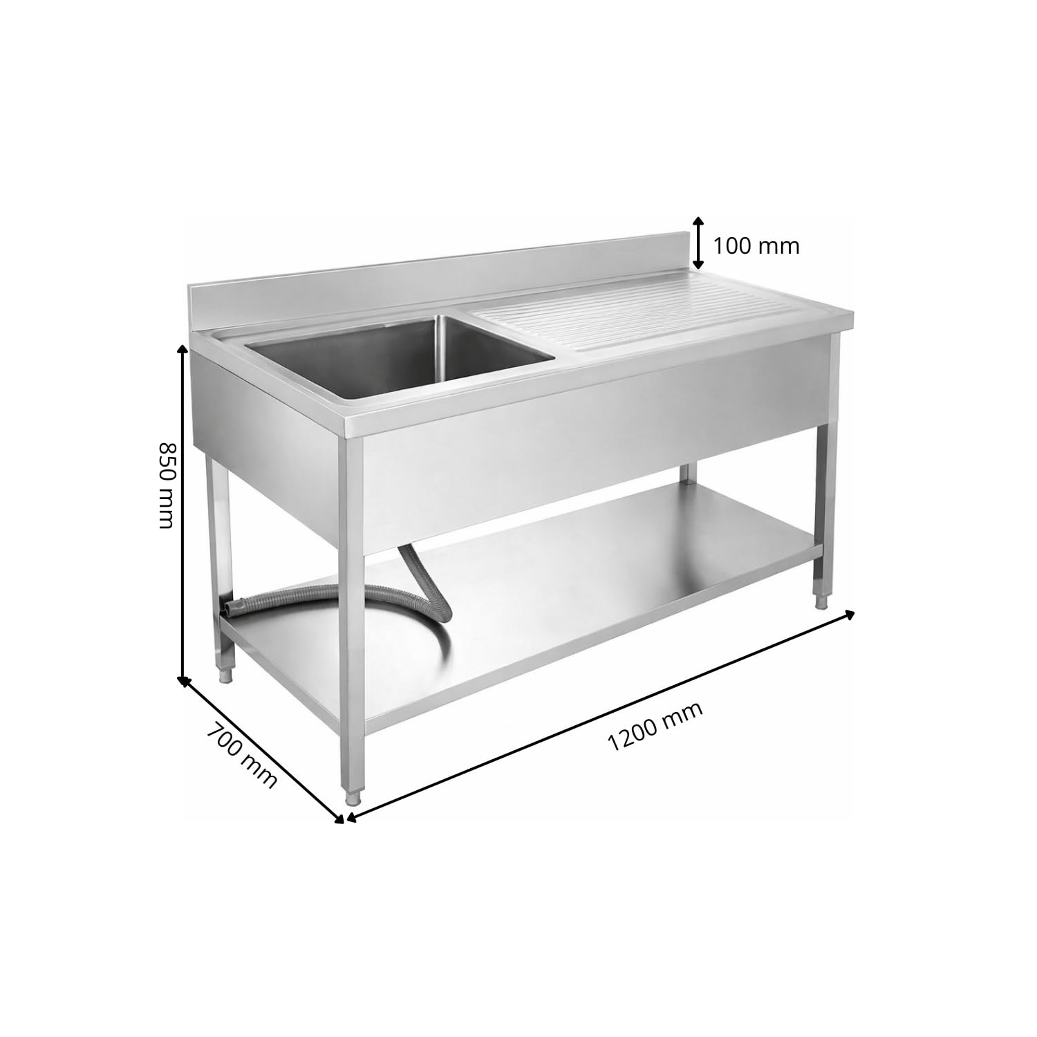 Plonge Inox Professionnelle 1 Bac avec Égouttoir à Droite – 1200 × 700 mm – Dosseret 100 mm