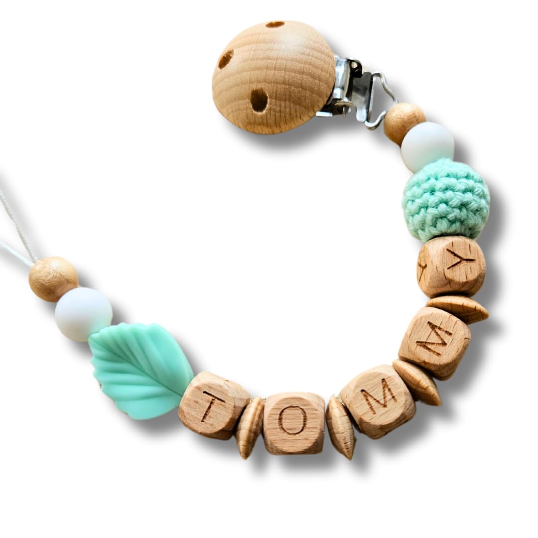 Lovely Personalisiertes Baby Geschenk, Mädchen/Junge, Schnullerkettchen mit Name, Schnullerband, verschiedene Farb-Varianten (6.Mint)