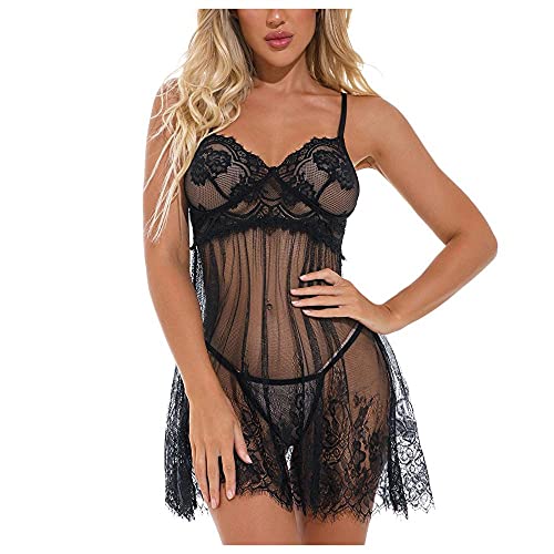 Lingerie sexy femme dentelle QQQQC : ensemble chemise de nuit noire avec perspective sensuelle