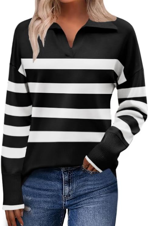 Zeagoo Women's 2024 V Neck Striped Sweater Long Sleeve Oversized Fashion Knitted Pullover Fall Sweaters Tops