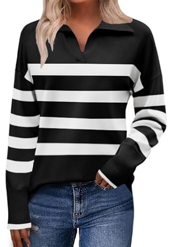 Zeagoo Women's 2025 V Neck Striped Sweater Long Sleeve Oversized Fashion Knitted Pullover Fall Sweaters Tops