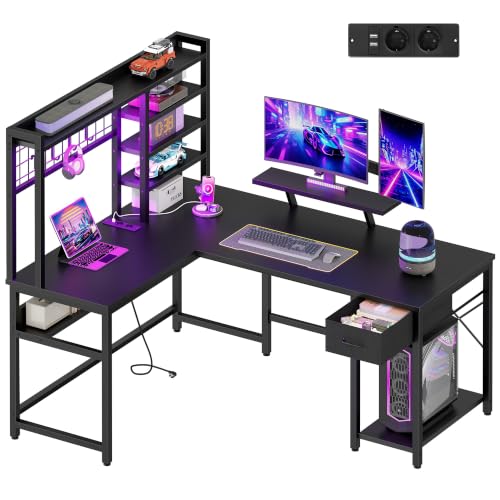 Hzuaneri Escritorio Gaming en Forma L con Iluminación RGB y Enchufes, 156 x 90 cm, Escritorio de Rincón con Soporte para Monitor y Ganchos para Oficina en Casa, Estudio, Dormitorio, Negro CD71006BEU