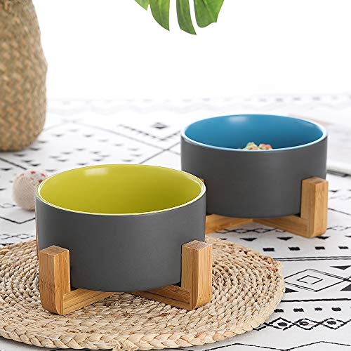Image of Gray Green Ceramic Dog Bowl with Wood Stand No Spill Pet Food Water Feeder Cats Small Dogs