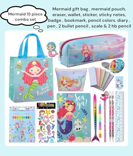 Image of 15 Pcs Unicorn Gift Combo Set For Girls Kids Unicorn Theme Gift Bag Stationery Set Age 6-8 Years 10-12 Year I Diary, Stickers, pen, pouch, scale, badge, Eraser, Wallet & Carry Bag (lavender)
