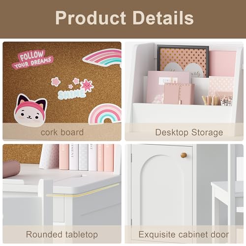 Image of Treocho Kids Study Desk and Chair Set, Kids Desk with Hutch and Tiltable Desktop for 3-8 Years Old, Wooden Children Study Table with Storage Cabinet, Student Writing Desks Bedroom, Home School, White