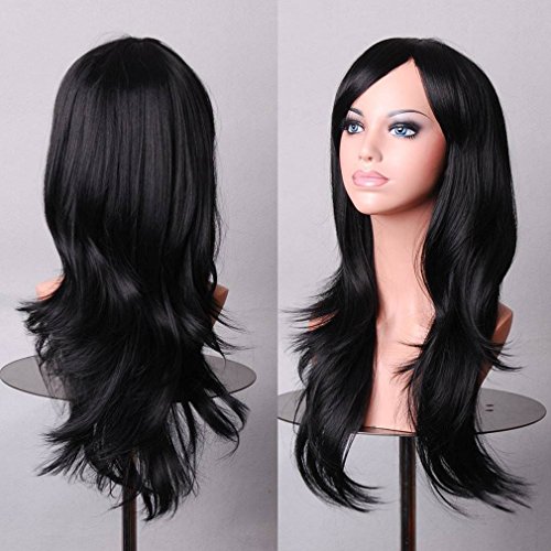 Anime Cosplay Synthetic Wig 10 Colors Japanese Kanekalon Heat Resistant Fiber Full Wig with Bangs Long Layered Curly Wavy 23'' / 58cm+Stretchable Elastic Wig Net for Women Girls Lady Fashion(black)