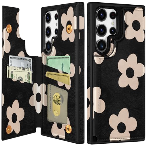 Shorogyt for Samsung Galaxy S22 Ultra Wallet Case with Card Holder, Designer Black Flower Pattern Kickstand Magnetic Clasp Back Flip Folio Leather Phone Cases for S22 Ultra for Women Men Girls