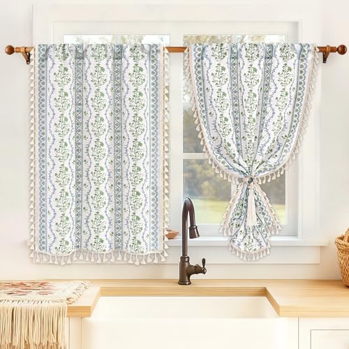 Image of Yinhua Boho Kitchen Curtains 36 Inch Length Vintage Linen Cafe Curtains Light Filtering Bohemian Floral Tier Rod Pocket Farmhouse Rustic Tassel Small Drapes with Tiebacks, 2 Panels, Blue Green Floral