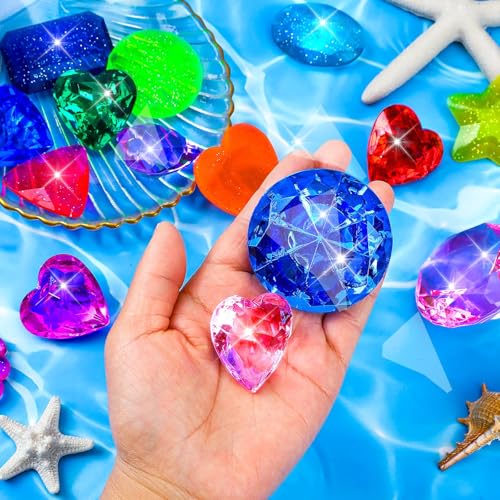 Image of MARFOREVER 16 Pcs Diving Gems Pool Toys Pirate Treasure Chest Gemstones Kid | 2x60 MM Diamond and 14 Colorful Diamond, Swimming Dive Throw Toys, Summer Underwater Swim Training Gifts Games for Boys Girls