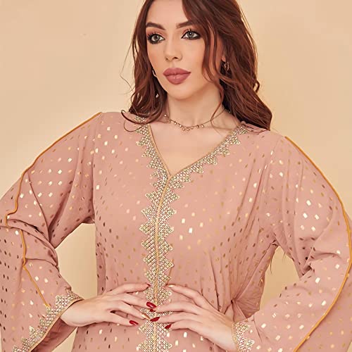 FPOVFPO Women's Muslim Abaya One-Piece V Neck Bronzing Dress Islamic Full Length Kaftan Daily Casual2