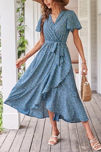 PRETTYGARDEN Women's Summer Floral Boho Maxi Dress Wrap Short Sleeve V Neck Ruffle A-Line Flowy Wedding Guest Long Dresses