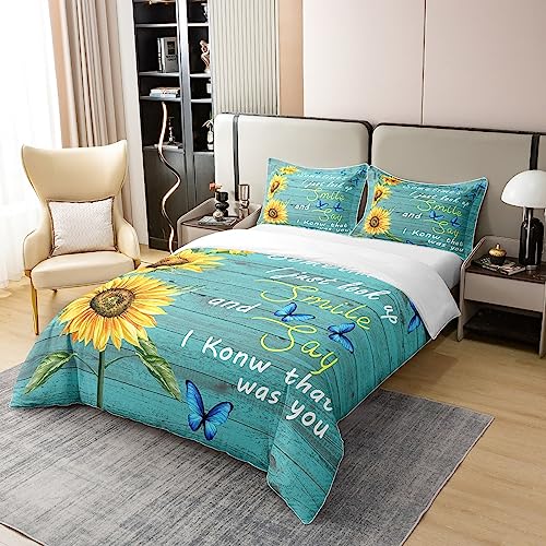 Sunflower Cotton Duvet Cover Set Butterfly Sunflower Bedding Set for Kids Boys Girls Yellow Flower Comforter Cover Green Wooden Texture Duvet Set Double Size - Image 2
