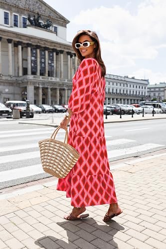Image of miduo Womens Loose Fit Casual Summer V Neck Half Sleeve Bohemian Geometric Pattern Maxi Long Dresses