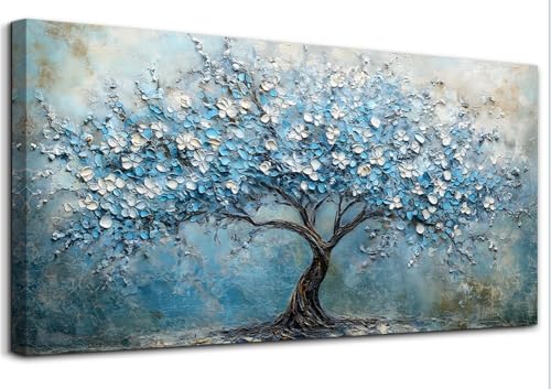 hyidecorart Cuadros Decoracion Salon Modernos, 73x146 cm Marco Decorativos de Lienzo, Grande Pintura al Óleo del Árbol de la Vida Azul Salon Dormitorios Cocina Habitacion