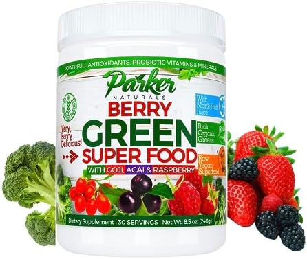 Berry Green Superfood Powder Smoothie Mix with Organic Greens & Organic Fruits, Enzymes, Probiotics, Antioxidants, Vitamins, Minerals – Alkalize & Detox – Non GMO, Vegan & Gluten Free – 240 Grams