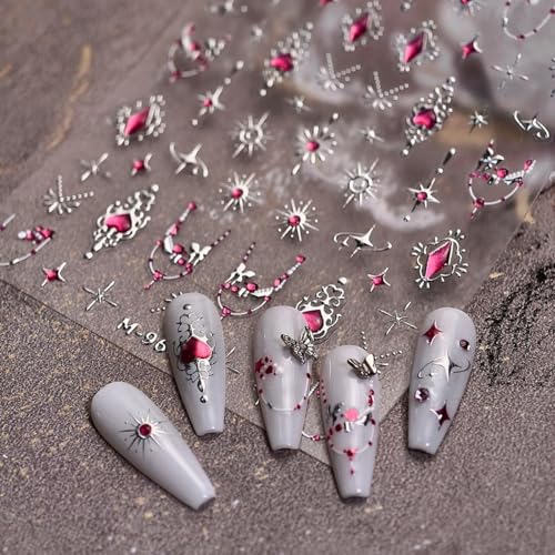 Silver Star Nail Stickers 3D Self-Adhesive Hot Pink Heart Nail