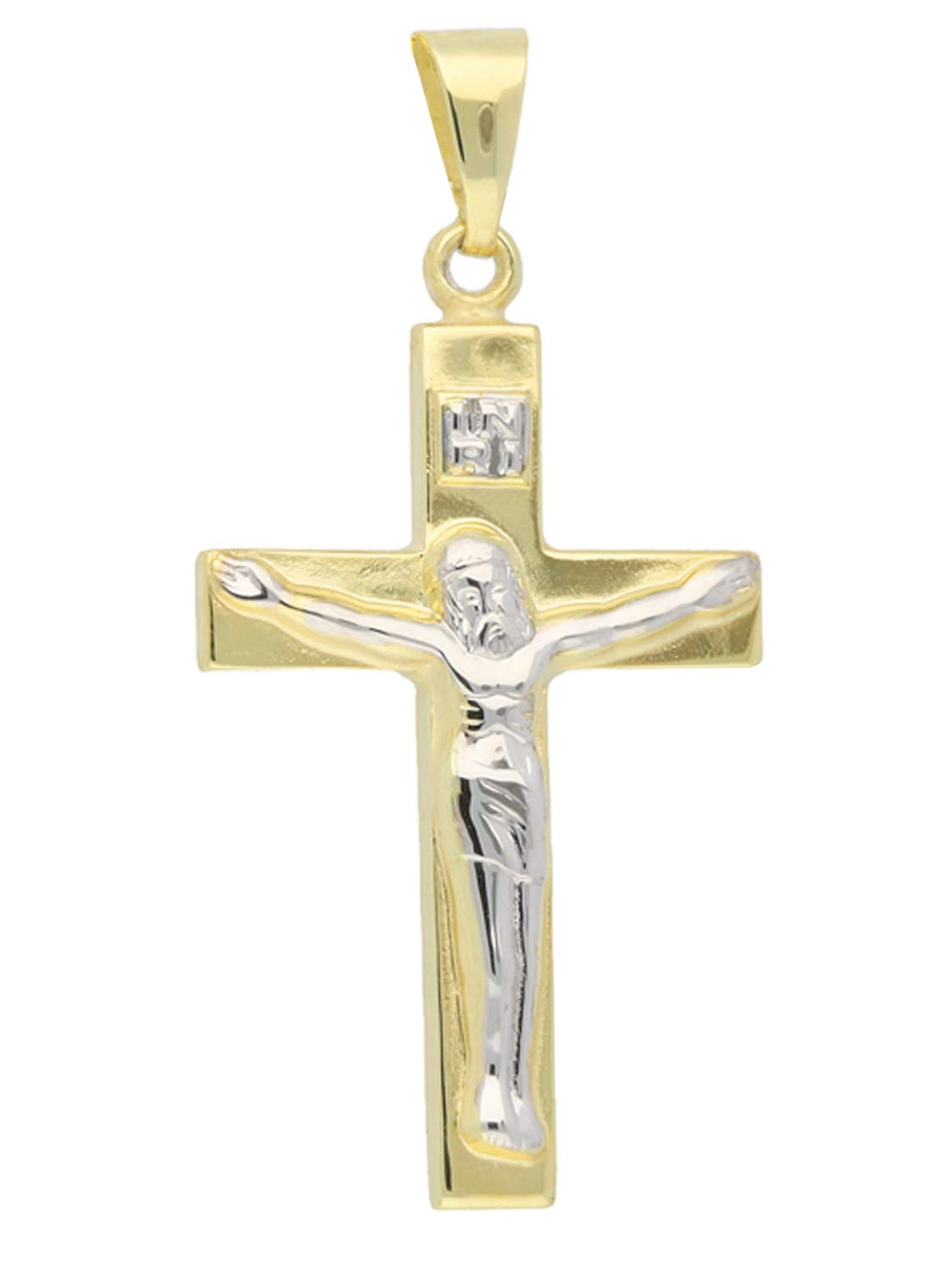 My Gold Damski dziecięcy krzyż wisiorek złoty (bez łańcuszka) prawdziwe żółte złoto białe złoto 375 (9 karatów) dwukolorowy korpus Jezusa Inri MOD-03982, Mittelgroß, Żółte złoto Białe złoto, Bez