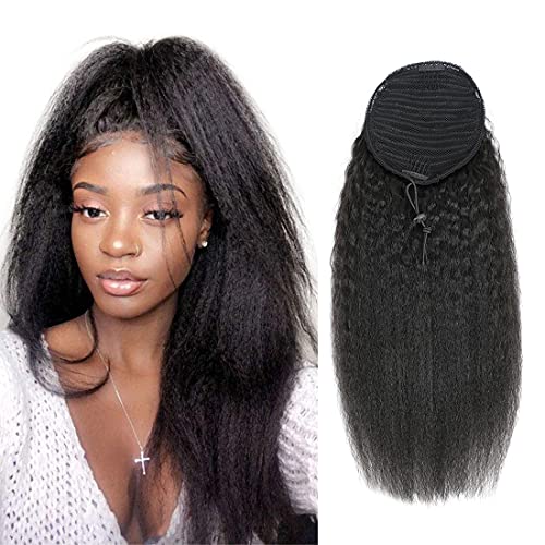Yaki Kinky Straight Ponytail Wrap Drawstring Human Hair Extensions Natrual Black Clip in Afro Hair Pieces for Women 105g/set (14")