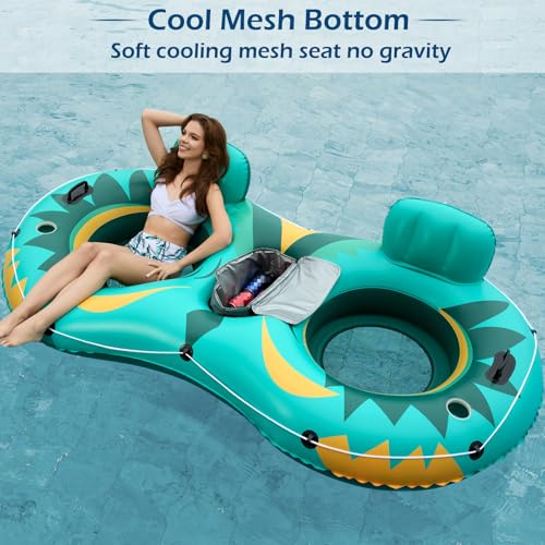 Image of Jasonwell Inflatable River Tube Float - 2 Person Heavy Duty River Float Pool Floats with Removable Cooler Lake Water Tubes for Floating River Raft Lounge Floatie with 2 Cup Holders for Adults (Green)