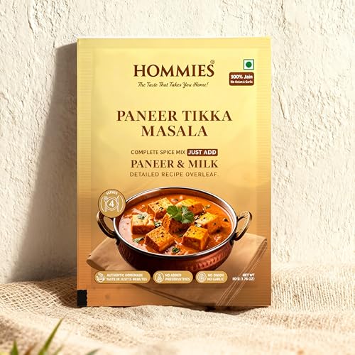 Image of Hommies Dhaba Style Jain Paneer Tikka Masala Curry Spice Mix | No Onion No Garlic | Ready to Cook in 15 Mins | Just Add Paneer & Milk | Authentic Jain Curry Masala | Serves 4 | No Preservatives | Pack of 4 (200g, 50g Each)