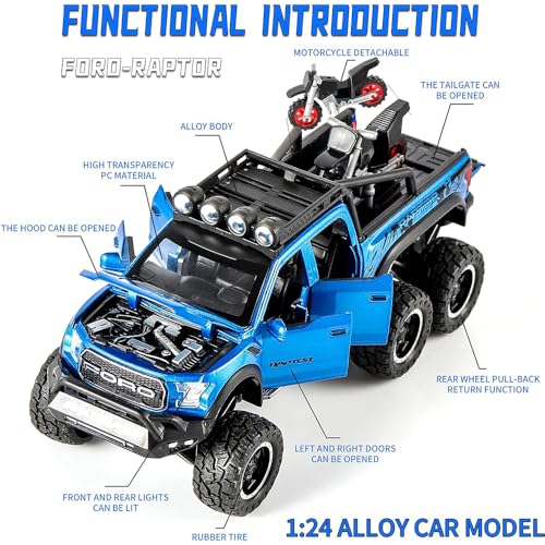 Image of DEUSON ECOM Exclusive Alloy Die Cast Metal Car Pull Back 1:24 Raptor F150 Diecast Metal Pullback Toy Car With Openable Doors, Light Music Boys Gifts Toys For Kids, Multicolor