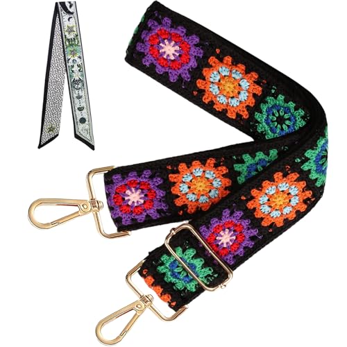 Conjunto de 2 peças de alças de bolsa de substituição com 1 lenço de seda, alças de guitarra vintage para bolsas, alça de bolsa preta de crochê, alças de mochila ajustáveis para presente de meninas e mulheres