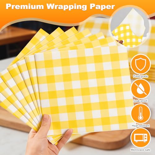 200 Stück Deli Papierblätter, Burger Papier Gitteroptik, Wasserdicht und Öl Burger Tüten, Umweltfreundliches Backpapier, Gelb Kariert Wrap Papier, für Lebensmittel Sandwich, Pommes, 15x15 und 18x18