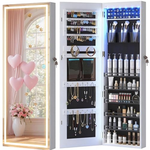 LVSOMT LED Mirror Jewelry Cabinet, Wall/Door Mount Jewelry Armoire Organizer with Lights, Full Length Mirror with Jewelry Storage, Over the Door Hanging Jewelry Cabinet (White)