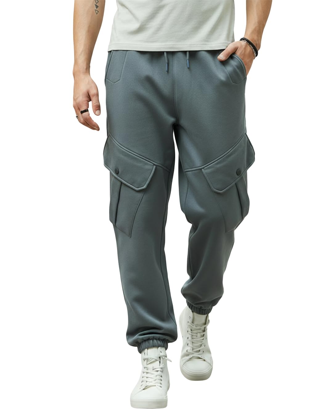 bewakoof Heavy Duty 1.0 Men's Solid Super Loose Fit Fleece Cargo Joggers | Track Pants | Lower – Elastic Waistband, Adjustable Drawstring, Fleece Lining | Winter, Gym, Loungewear | Cargo Utility Pockets-picture-19