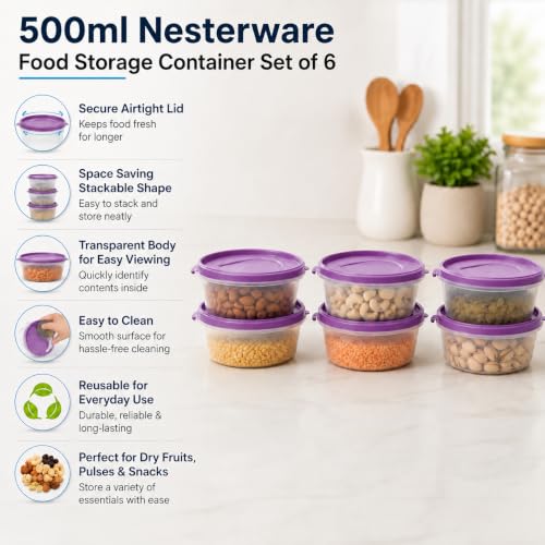 Image of Cutting EDGE Nesterware 500ml Stackable Food Container (Set of 6, Purple) | BPA-free plastic, stackable design, leak-proof, kitchen storage, pantry, fridge, meal prep, reusable, travel use