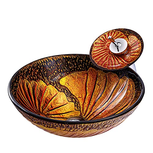 Lavabo de baño artístico de Vidrio Templado Naranja, Redondo, para encimera.