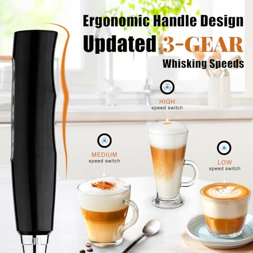 Image of Nahida Black Handheld Milk Frother for Coffee, Rechargeable Electric Whisk with 3 Heads 3 Speeds Frother Foam Maker For Latte, Cappuccino, Hot Chocolate, Egg