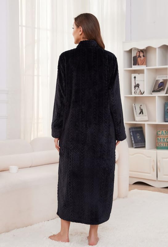 Image of LYCY Women Plush Zipper Robe, Long Fleece House Coat Nightgown with Pockets Solid Bathrobe