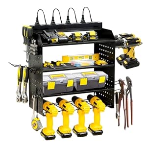 Power Tool Organizer Wall Mount with Charging Station, Heavy Duty 6 Layer Drill Holder, Storage Rack with 4 Shelves,Metal Tool Holder with Power Strip and 6.5ft Cord for Garage, Workbench and Workshop