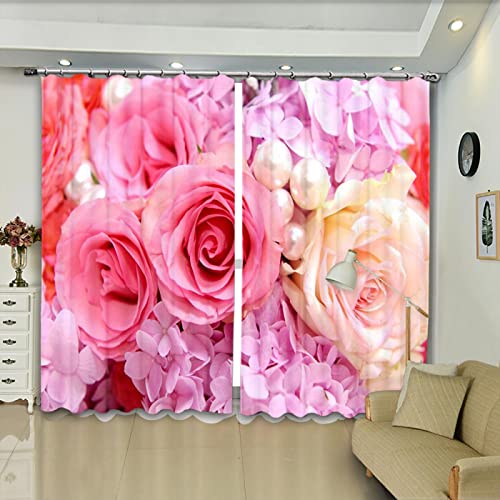 HAOGG 3D Cortinas Opacas - Rosa Rosa Planta Perla De Ojales 100% Poliéster Cortina De Privacidad Cover