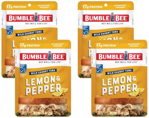 Bumble Bee Lemon &amp; Pepper Seasoned Tuna Pouch - Wild Caught and Ready to Eat for Snack, Salad, Korean Tuna Bowl - 17g Protein per Serving - PERFECT, PORTABLE, GOODNESS - 2.5 oz Packet (Pack of 4)