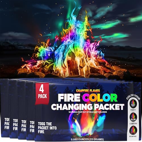 Magic Campfire Fire Color Changing Packets for Fire Pit (4 Pack) Outdoor Fireplaces & Bonfires, Rainbow Colored Flames - Perfect Camping Essential & Accessories - Must Have for Kids & Adults