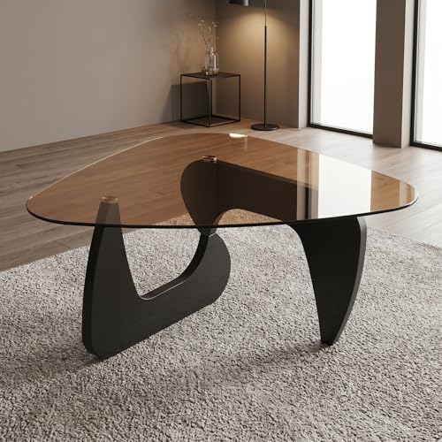 Image of 43.3 inch Black Glass Coffee Table, Mid-Century Modern Coffee Tables for Living Room, Organic Round Coffee Table with Smoked Tempered Glass Top and Wood Base, Small Center Table, Mesa de Centro para Sala