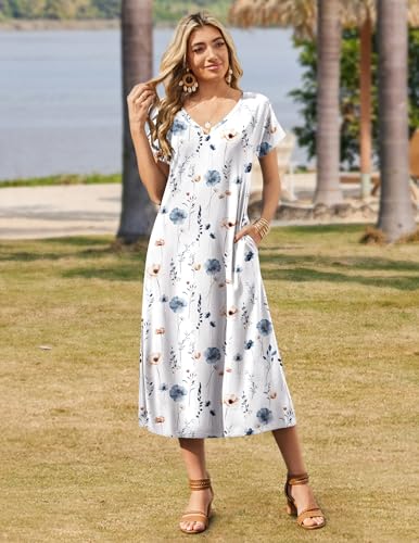 Image of Zeagoo Women Summer Floral Dress Short Sleeve Beach Dress with Pockets Casual V-Neck Split Long T-Shirt Dress Travel Vacation