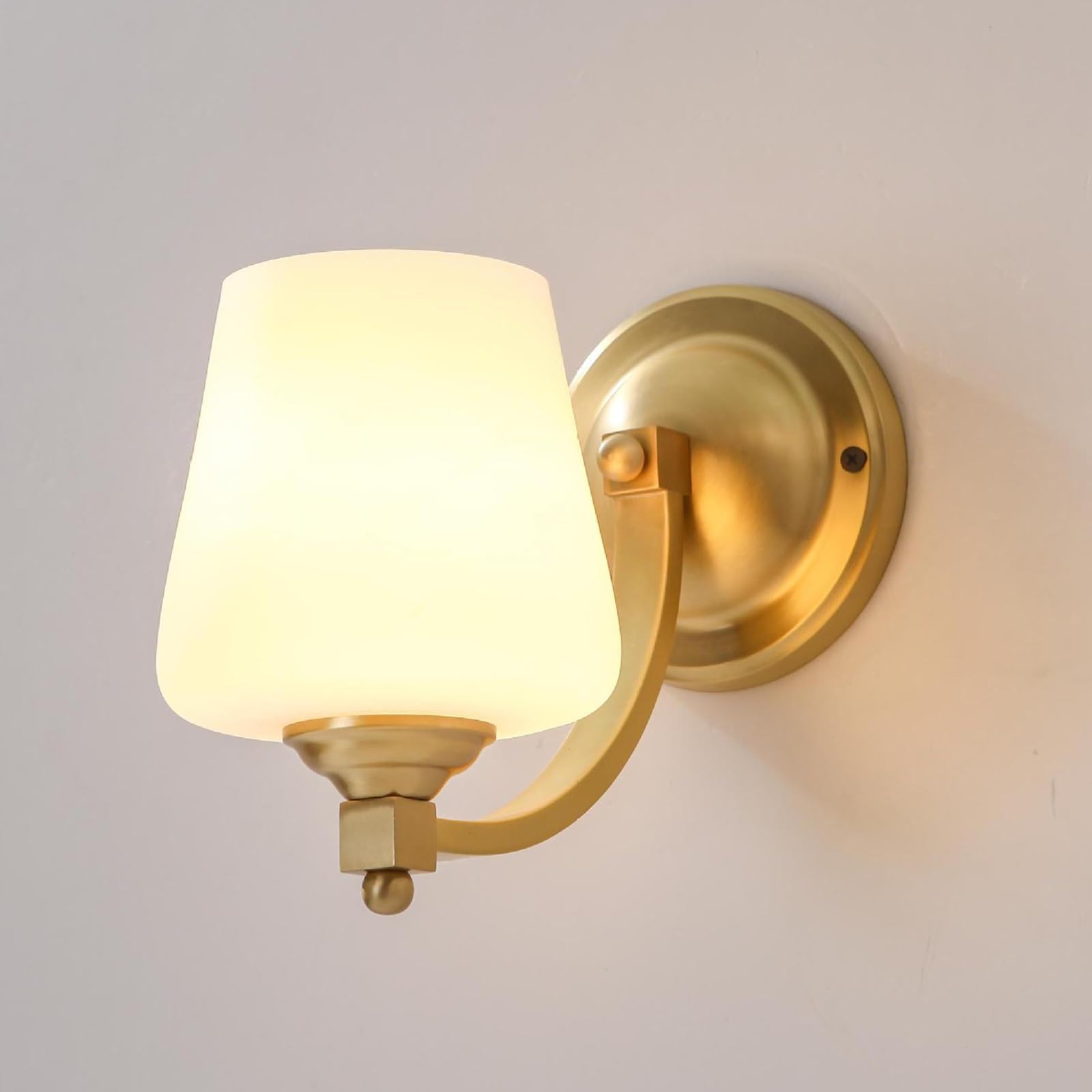 SMCCYYSD White Glass Wall Sconce, Matte Brushed Antique Brass Finish Wall-Mounted Lamp E27 Hardwired Indoor Light Fixtures for Bedroom Bathroom Hallway Living Room Decor(Small)