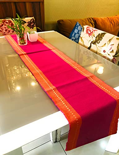 Image of RANGBHAR 6 Seater Dinning Table Runner, Ribbed Cotton Rectangular Shape Runner, 12 X 72 Inches, Washable And Double Sided, Pink Orange