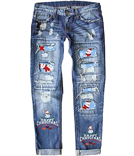 Tacstrun Women's Ripped Boyfriend Jeans Distressed Washed Christmas Patch Print Denim Pants X-Large #TOP4
