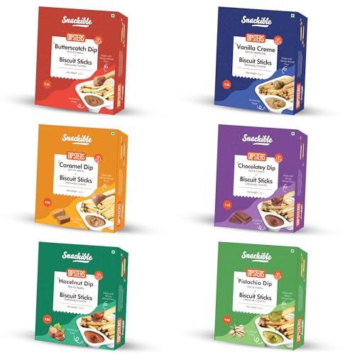 Image of Snackible Assorted Mini Dipsters (Pack Of 6) | Pistachio, Hazelnut, Chocolatey, Butterscotch, Caramel, Vanilla Creme | Baked | Healthy Snack | No Palm Oil | No Refined Sugar | Sweetened with Jaggery | Made with Whole Wheat | Chip & Dip | Travel Friendly
